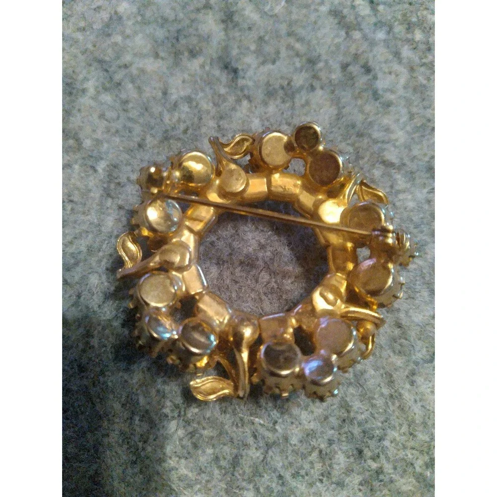 Vintage Rhinestone Brooch Wreath Pin Gold Tone‎ Amber Flower Floral